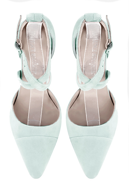 Aquamarine blue women's open side shoes, with crossed straps. Tapered toe. Medium comma heels. Top view - Florence KOOIJMAN